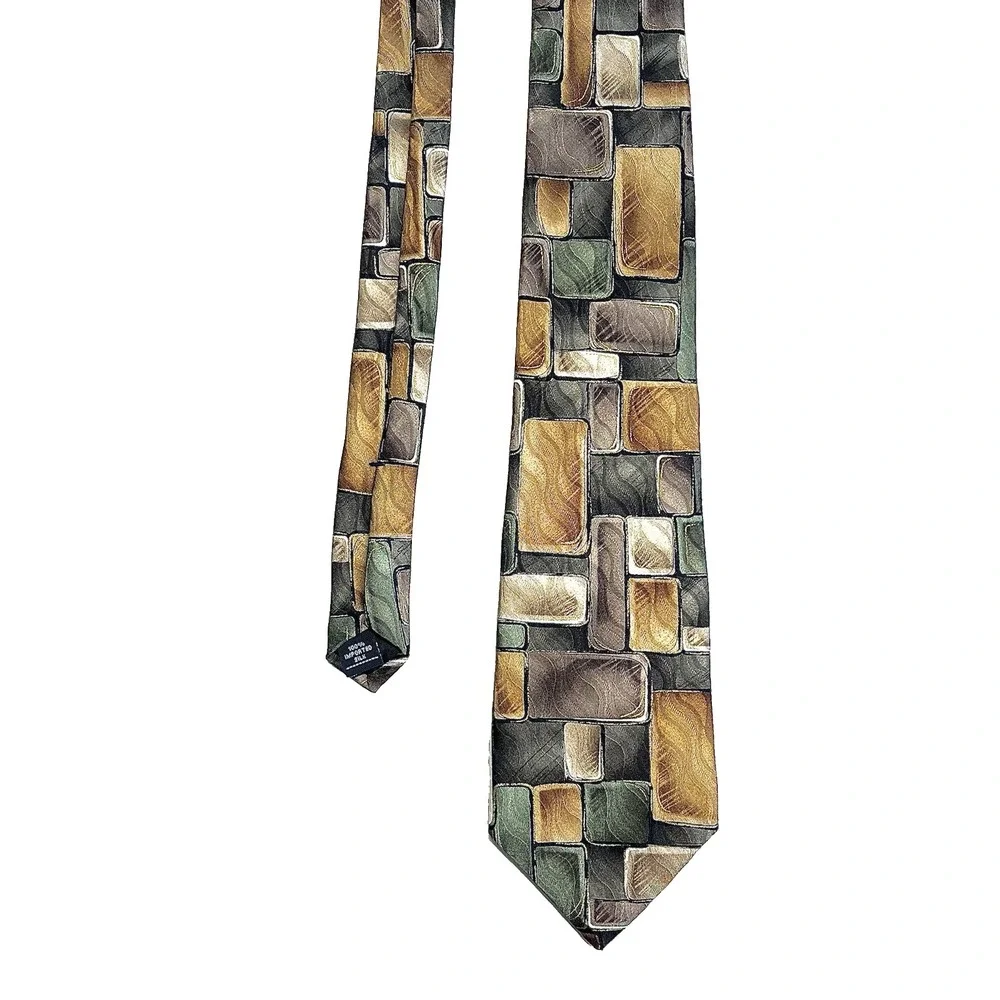 ZYLOS George Machado Silk Necktie Brown Green Gold‎ Abstract Mosaic Block USA